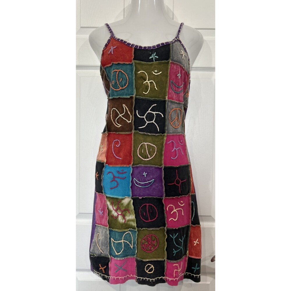 Patchwork Dress Boho Midi Hippie Gypsy Festival Colorful Embroider Cotton Knit M